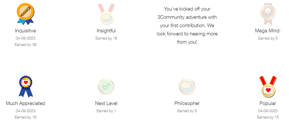 Image depicting various attainable 3Community badges.